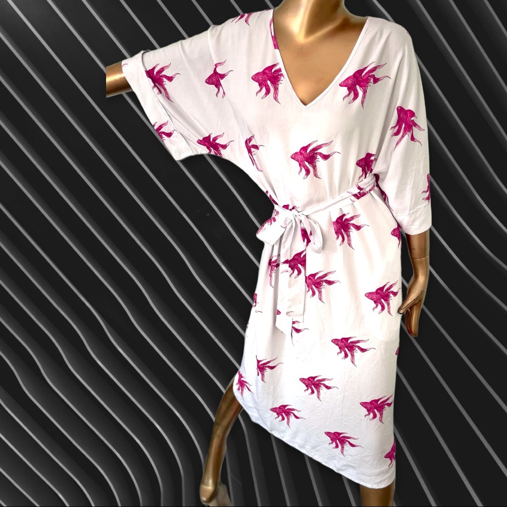 0039 Italy Luxe fun & flirty luxe midi dress Fantail Goldfish print 🇮🇹